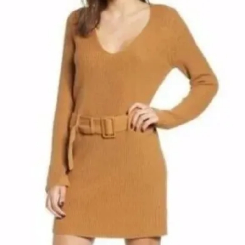 Leith Tan Dale Knit Sweater Dress Belted Deep V Neck Back Tunic Top New